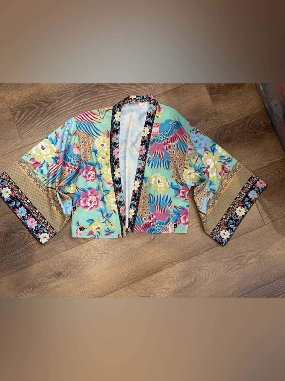 Cleo lightweight Floral Peacock Cropped Kimono open front Jacket